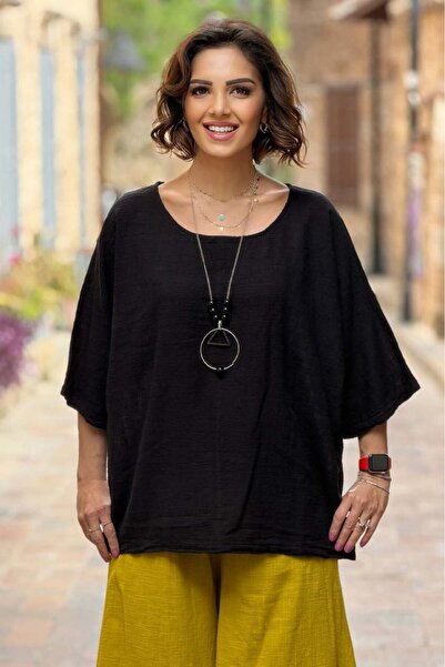 Nevin Kaya Moda Μπλούζα μουσελίνας με δώρο μαύρο κολιέ