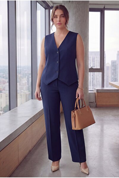 RMG Women's Plus Size Vest Pants Set Navy Blue