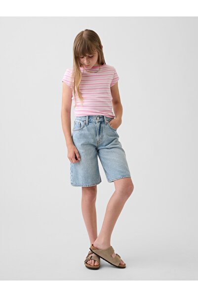 GAP Kız Çocuk Açık Mavi Mid Rise Longline Denim Şort