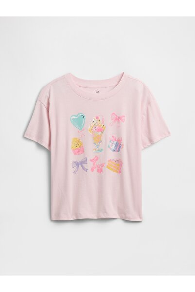 GAP Kız Çocuk Açık Pembe Oversized Grafik Baskılı T-Shirt