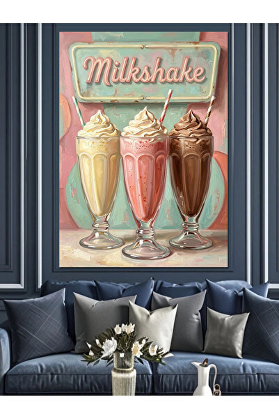 Artmeg Üç Renkli Milkshake İçecek Tabelası Dekoratif Kanvas - Mdf Ahşap Tablo