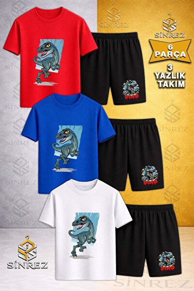 SİNREZ Tricou din 3 piese cu imprimeu DINOSAUR TURQUOISE CANVAS pentru copii ...