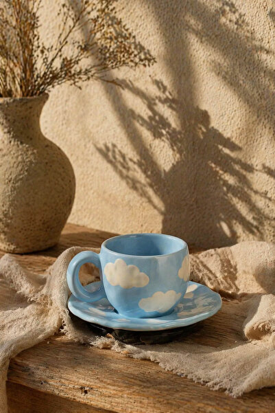 Anadolu Saray El Yapımı Mavi Bulut Desenli Seramik Mug ve Tabak Takımı Kahve ...