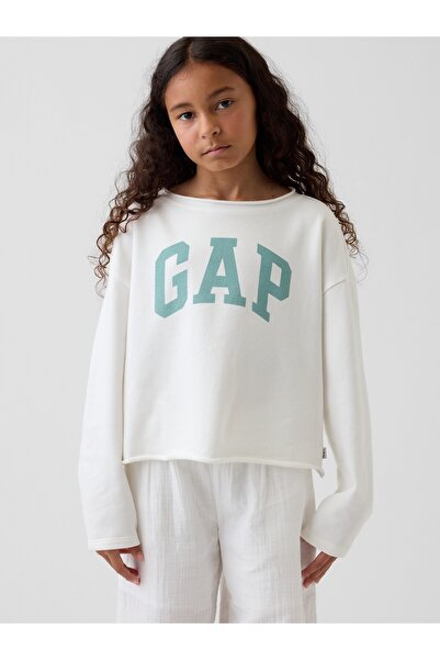 GAP Kız Çocuk Beyaz Fransız Havlu Kumaş Wide-Neck Logo Sweatshirt