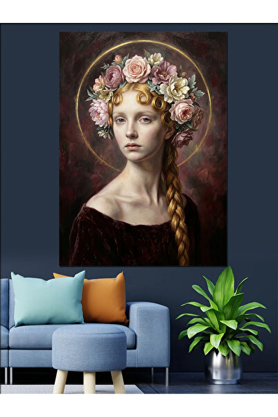 Artmeg Portret clasic de femeie cu coroană de flori, pânză decorativă - Tablo...