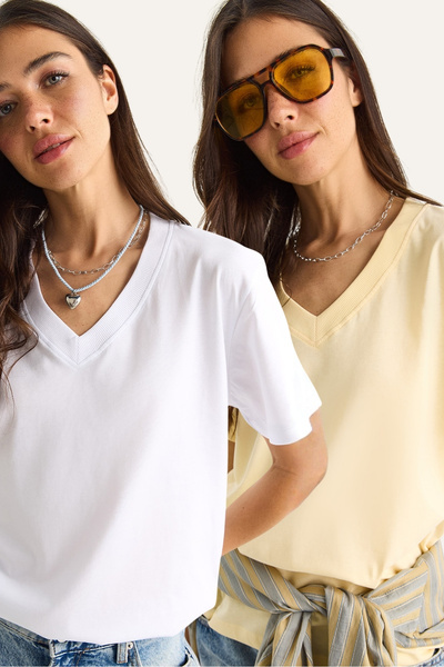 Bianco Lucci Γυναικείο μπλουζάκι από 100% οργανικό βαμβάκι με βαθύ V λαιμόκοψ...