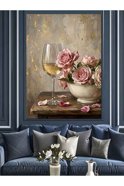 Artmeg Pânză decorativă cu pahar de vin și trandafiri roz - Tablou din lemn MDF