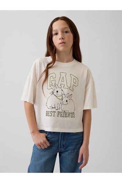 GAP Kız Çocuk Beyaz Oversized Grafik Logo T-Shirt