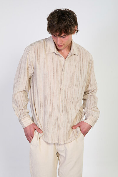 BARRELS AND OIL Ανδρικό ριγέ μακρυμάνικο πουκάμισο - Μπεζ