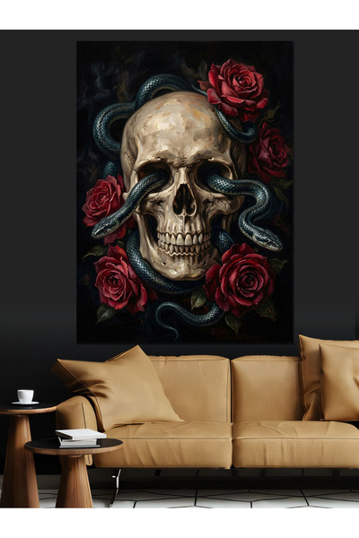 Artmeg Pânză decorativă cu trandafiri și craniu de schelet cu șarpe - Tablou ...