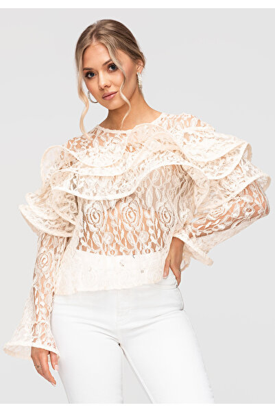 OMBRE Γυναικείο Μπλουζάκι Δαντέλα OW-TS-E0036 - Κομψό, Ελαφρύ Εκρού