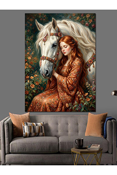 Artmeg White Horse and Woman Hugging It - Decorative Canvas - Mdf Wood Painting