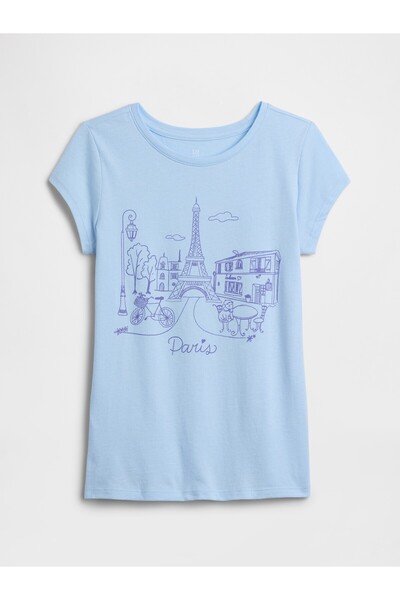 GAP Kız Çocuk Açık Mavi Grafik Baskılı T-Shirt