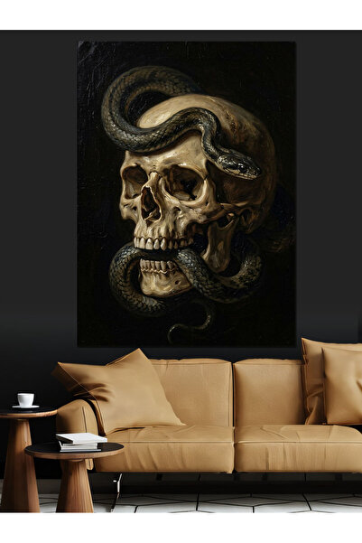 Artmeg Pânză decorativă cu craniu de șarpe și artă întunecată - Masă din lemn...