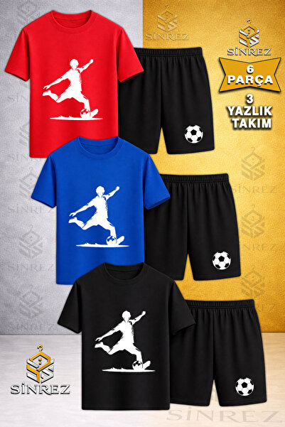 SİNREZ Çocuk FUTBOLCU SUT ATAN BEYAZ Baskılı Bisiklet Yaka 3 Lü Tişört - Şort...