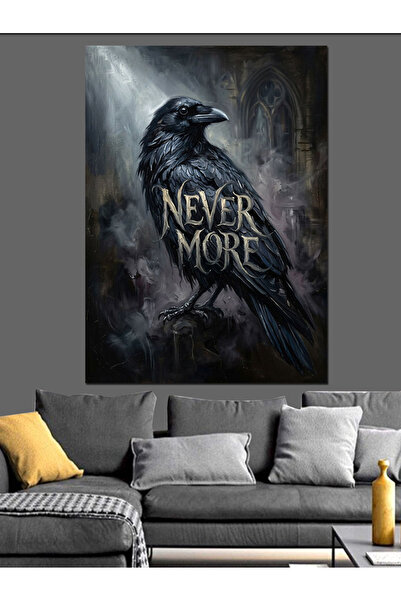 karizmart Nevermore Yazılı Kuzgun Dekoratif Kanvas - Mdf Ahşap Tablo