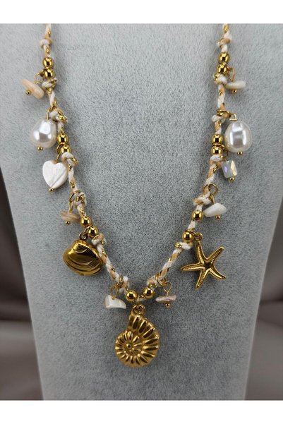 ZS Aksesuar Sea-Themed Gold Necklace with Starfish and Shell Figures, Pearl Detail Trendy Necklace