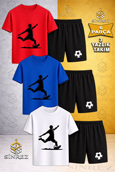 SİNREZ Children's Football Player Black Printed Crew Neck 3-Piece T-Shirt - S...