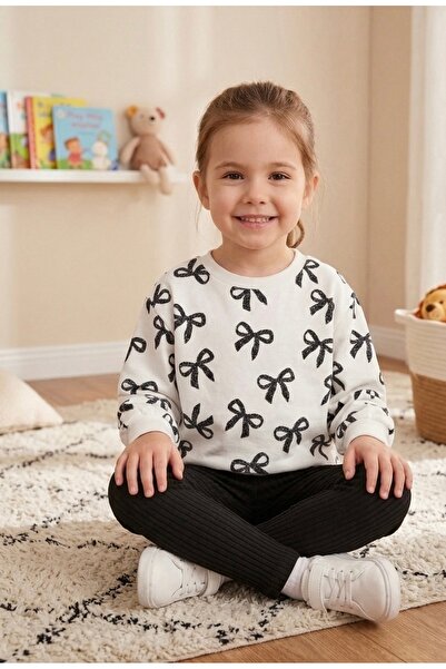 RÜYA KİDS Girl's Bow Patterned Seasonal Ribbed Tights Top and Bottom 2-Piece Set