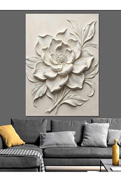 karizmart Beyaz Taş Kabartma Çiçek Deseni Dekoratif Kanvas - Mdf Ahşap Tablo