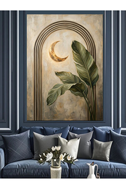 Artmeg Pânză decorativă cu design cu lună și frunze de palmier - Tablou din l...