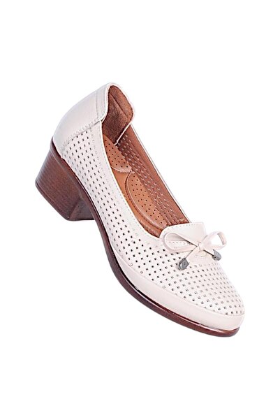 Ayakcenter Ossa 5810 Cream Γνήσιο Δερμάτινο Γυναικεία Παπούτσια με τακούνι 6 εκ.