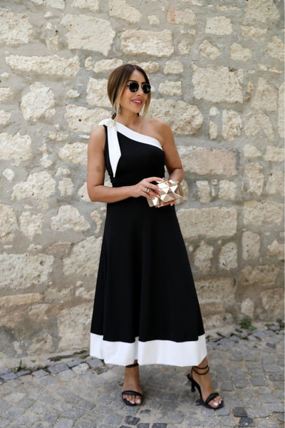 Kokosh moda Kadın Kurdela Detaylı Tek Omuzu Açık Çift Renkli Krep Elbise