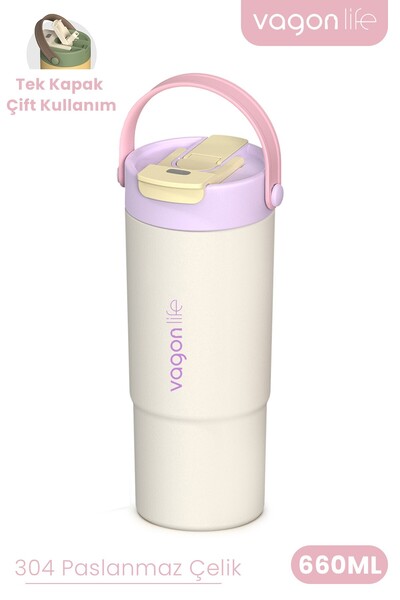 Vagonlife Tumbler Mug 660 ML Tek Kapak Çift Kullanım Pipetli Rahat İçim Kulpl...