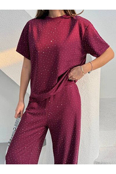 alenmoda Stoned T-Shirt Crew Neck Oysho Fabric Tracksuit Set