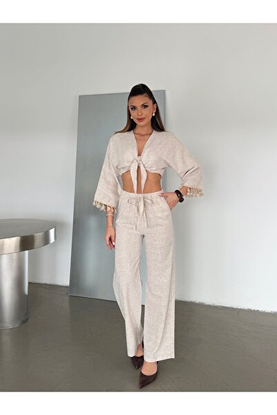 myd Elastic Waist Linen Palazzo Trousers - Cream