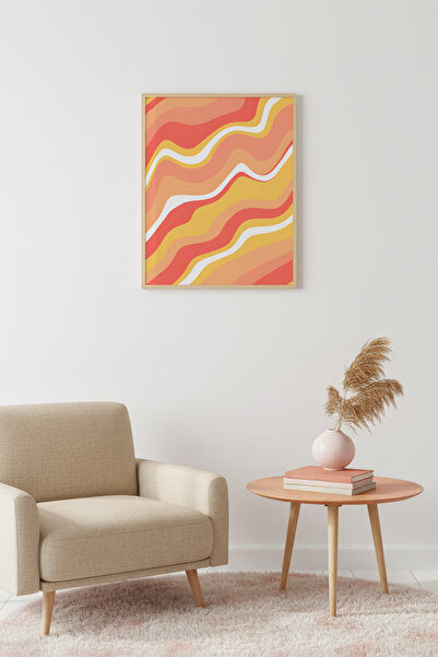 huhuli Tablou retro abstract ondulat cu ramă din lemn natural - Tonuri portoc...
