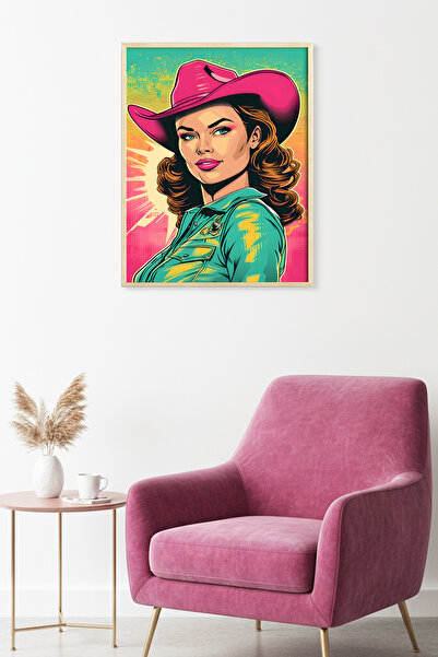 huhuli Πίνακας Πορτρέτου Pop Art με Φυσικό Ξύλινο Πλαίσιο - Ρετρό Ροζ-Τιρκουά...