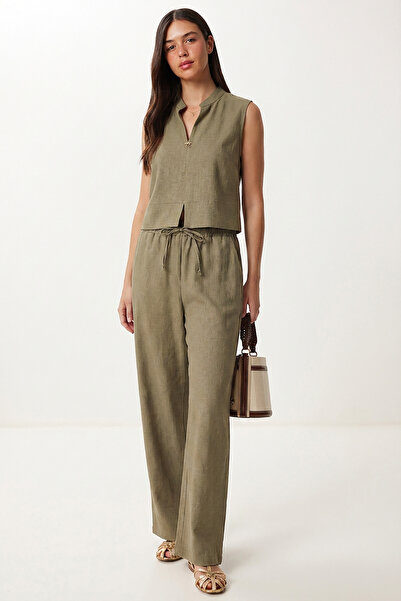 Lovelyİstanbul Λινό Σετ Πάνω-Κάτω με Χρυσά Αξεσουάρ LAZ0001 ΧΑΚΙ