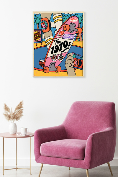 huhuli Τραπέζι με ρετρό γραφικά σχέδια και πλαίσιο από φυσικό ξύλο - Σκέιτμπο...