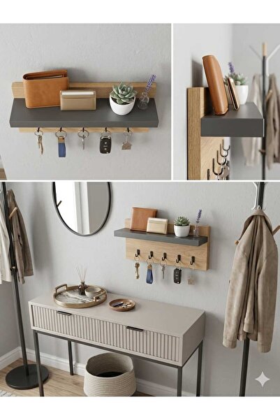 BİDOLAP An200 Wall Shelf Key Holder, S.Oak, Anthracite