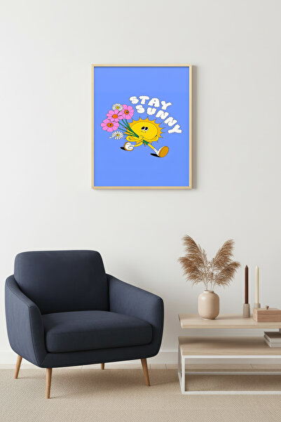 huhuli Tablou retro cu soare și flori, cu ramă din lemn natural - Stay Sunny ...