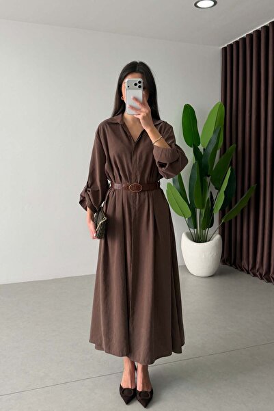 manana fashion Καφέ φόρεμα πουκάμισο από λυοσέλ με ζώνη