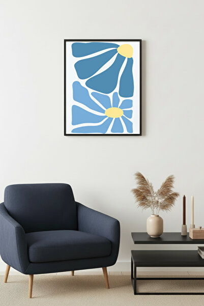 huhuli Ρετρό ζωγραφική με φυσικό ξύλινο πλαίσιο - Αφηρημένο μπλε μοτίβο λουλο...