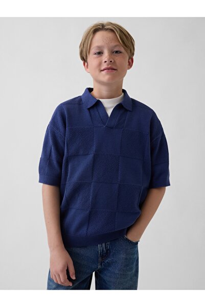 GAP Erkek Çocuk Koyu Mavi Johnny Yaka Kareli Triko T-Shirt