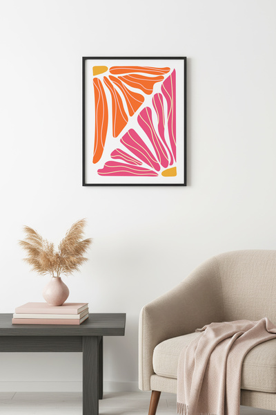 huhuli Πίνακας με ρετρό αφηρημένες φιγούρες με φυσικό ξύλινο πλαίσιο - Πορτοκ...