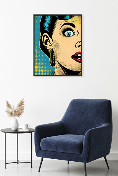 huhuli Πίνακας πορτρέτου Pop Art με φυσικό ξύλινο πλαίσιο - Ρετρό Μπλε-Κίτριν...