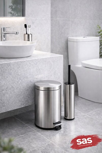 Sas Haus Krom 3 Lü Set 3 Lt Çöp Kovası Wc Fırçası Ve Diş Fırçalık Titan