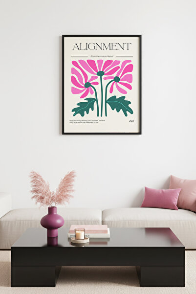 huhuli Φλοράλ πίνακας με φυσικό ξύλινο πλαίσιο - Ρετρό αφίσα με ροζ λουλουδάτ...