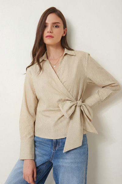 Lovelyİstanbul Πουκαμισένια μπλούζα με γιακά, ριγέ, υφαντή, LYY0140 ΧΑΚΙ ΕΚΡΟΥ