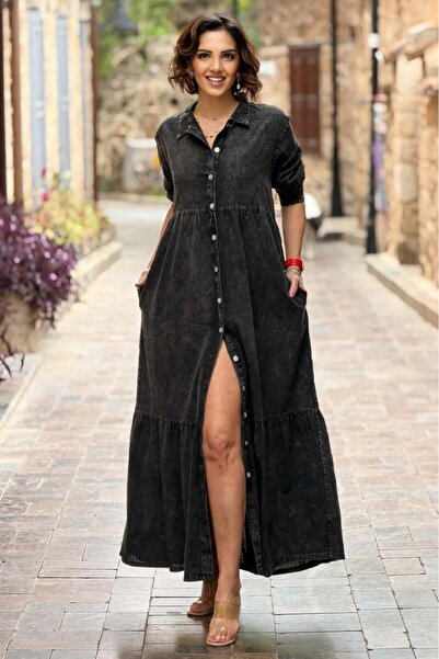 Nevin Kaya Moda Φόρεμα πουκάμισο από ανθρακί τιρκουζάνι, 100% βαμβάκι