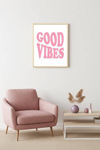 huhuli Ρετρό πίνακας με φυσικό ξύλινο πλαίσιο - Ροζ με γραφή  "Good Vibes " |...