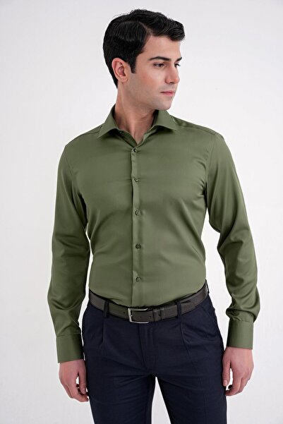 Efor Erkek Slim Fit %100 Pamuk Non Iron Ütü Gerektirmeyen Kumaş Haki Gömlek G...