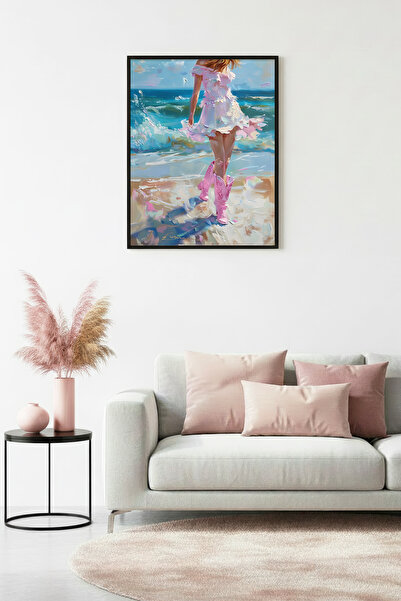 huhuli Πίνακας με φιγούρατο σχέδιο και φυσικό ξύλινο πλαίσιο - Τιρκουάζ Καλοκ...