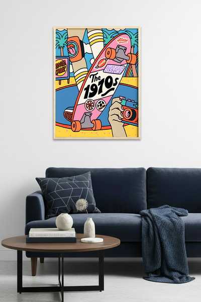 huhuli Εκτύπωση vintage σκέιτμπορντ με φυσικό ξύλινο πλαίσιο - Γραφικά Ποπ Αρ...