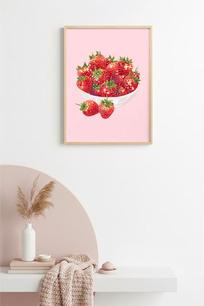 huhuli Ρετρό ζωγραφική με φράουλες με φυσικό ξύλινο πλαίσιο - Ζωηρό κόκκινο |...